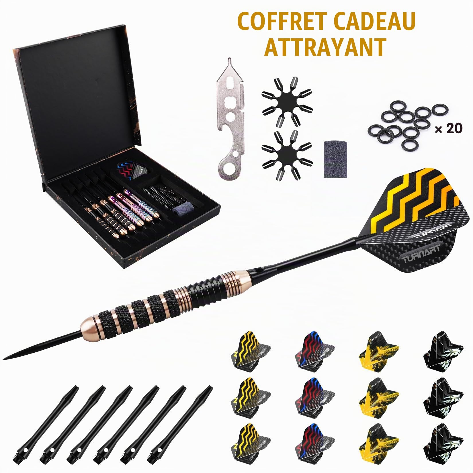 Turnart Fléchettes Pointe Acier, Jeu de fléchettes en Laiton pour Jeu de fléchettes en soies, 3 pièces de 20 grammes et 3 pièces de 22 grammes avec 21 Vols supplémentaires