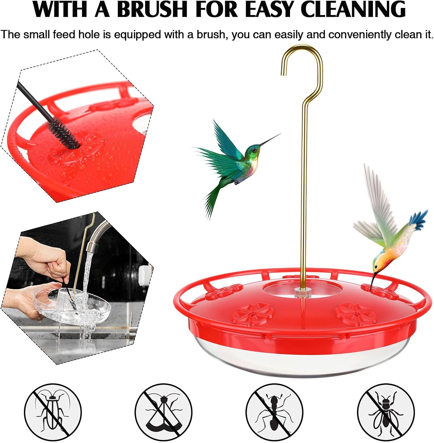 4 Sets Hummingbird Feeder for Outdoors Hanging 16 oz Saucer Humming Feeder with 5 Feeding Ports Flat Hummingbird Feeders Easy to Clean Including Hanging Hook, with Brushes