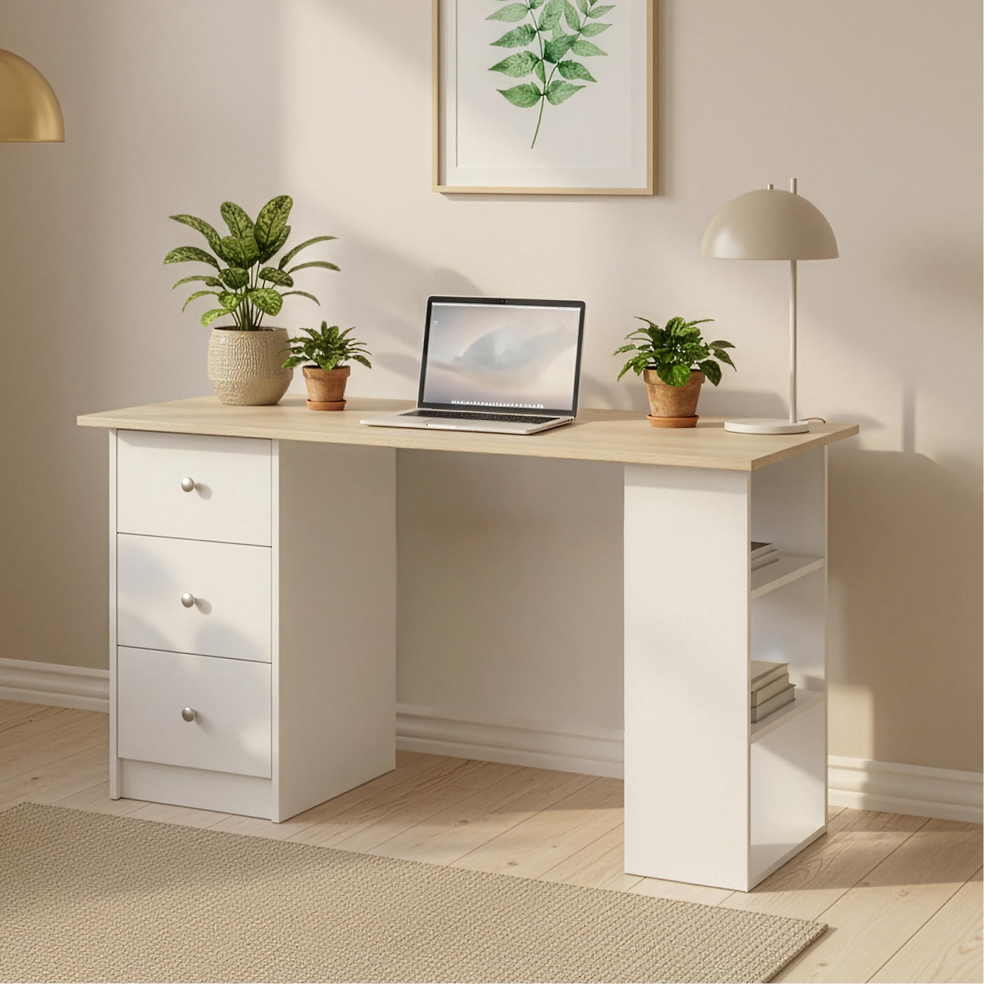 [en.casa] Schreibtisch Lemberg Computertisch 120 x 49 x 72 cm Bürotisch mit 3 Ablagefächern und 3 Schubladen Arbeitstisch Weiß/Eicheoptik