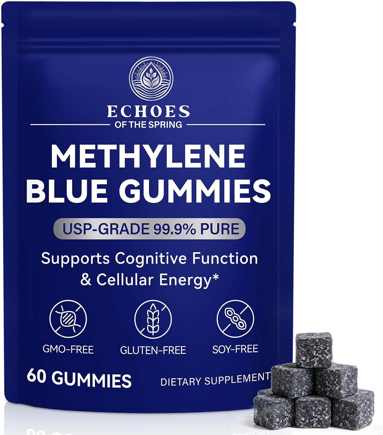 Methylene Blue Gummies 60 Count, 5mg Per Gummy, 99.9% Pure Methylene Blue Supplement, Supports Cognitive Function, Mental Focus & Cellular Energy, Antioxidant Support, Vegan Non-GMO Daily Supplement