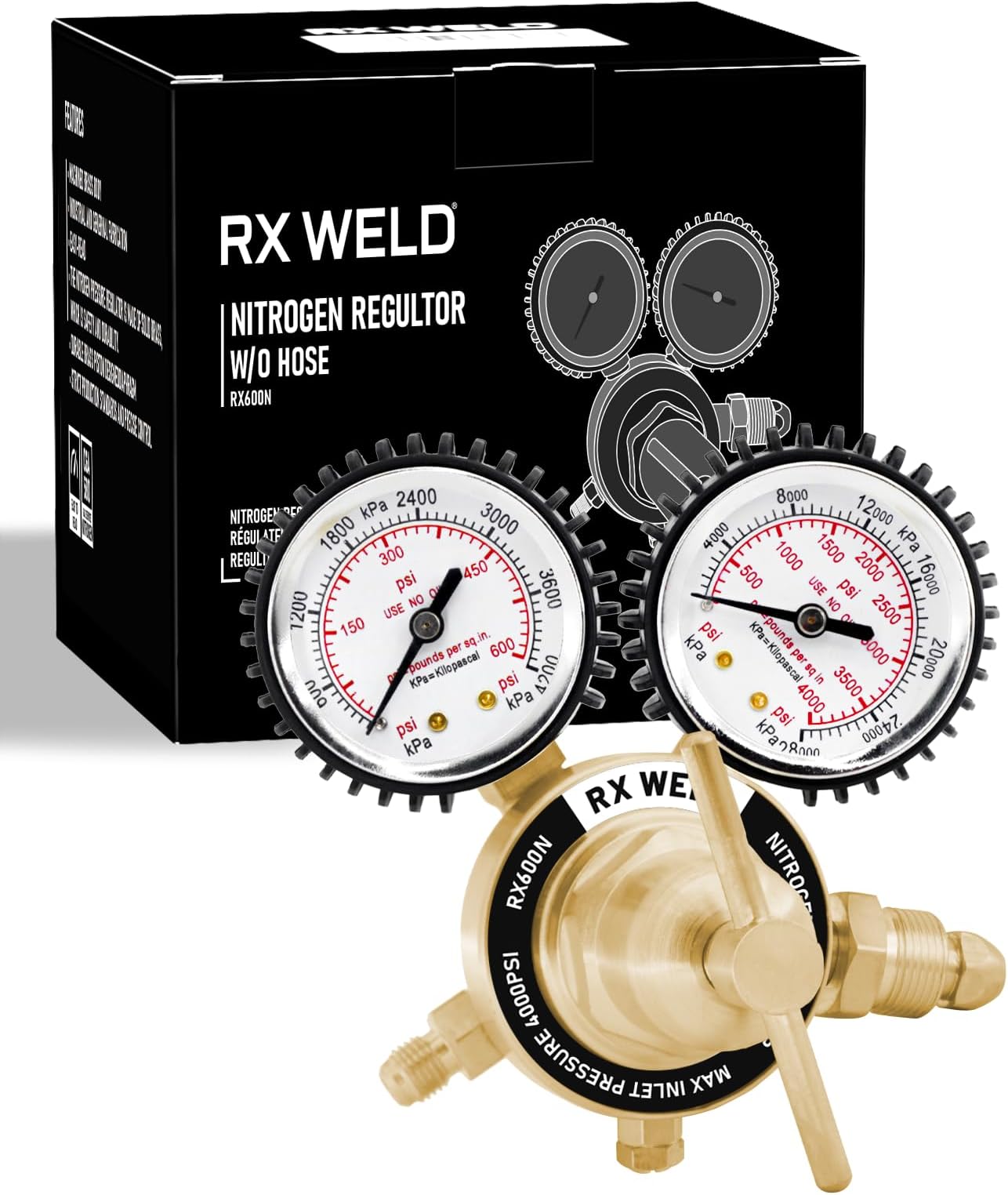 RX WELD Nitrogen Regulator with 0-600 PSI, CGA580 Inlet, Delivery Pressure Equipment Brass Inlet Outlet Connection Gauges