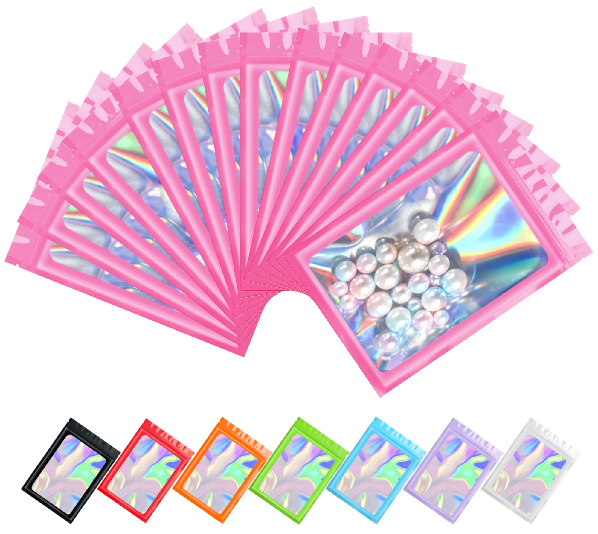 Plaphy 100-Pack Resealable Holographic Mylar Bags with Clear Window, Ziplock Sample Bags, Aluminium Foil-Lined Pouches for Food Storage, Snacks, Jewellery & Accessories (Pink, 2.75 x 3.9 inches)
