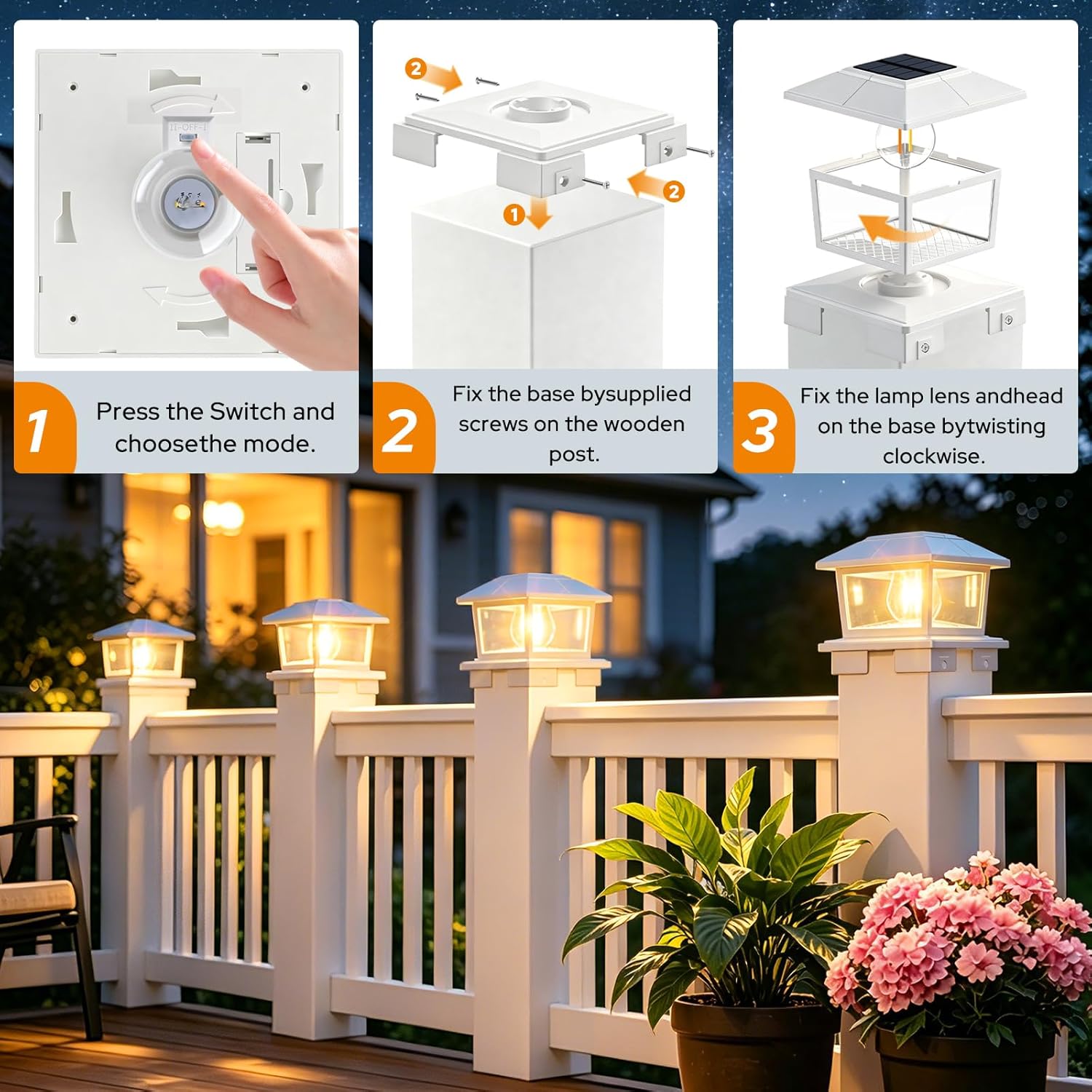 APONUO Solar Post Cap Lights – IP65 Waterproof & 2-Color Retro Edison Bulb (3000K/6500K), Adjustable Base Fits 4x4 5x5 6x6 Wood/Vinyl Posts, 10-12H Runtime for Fence Deck Patio (White, 1 Pack)