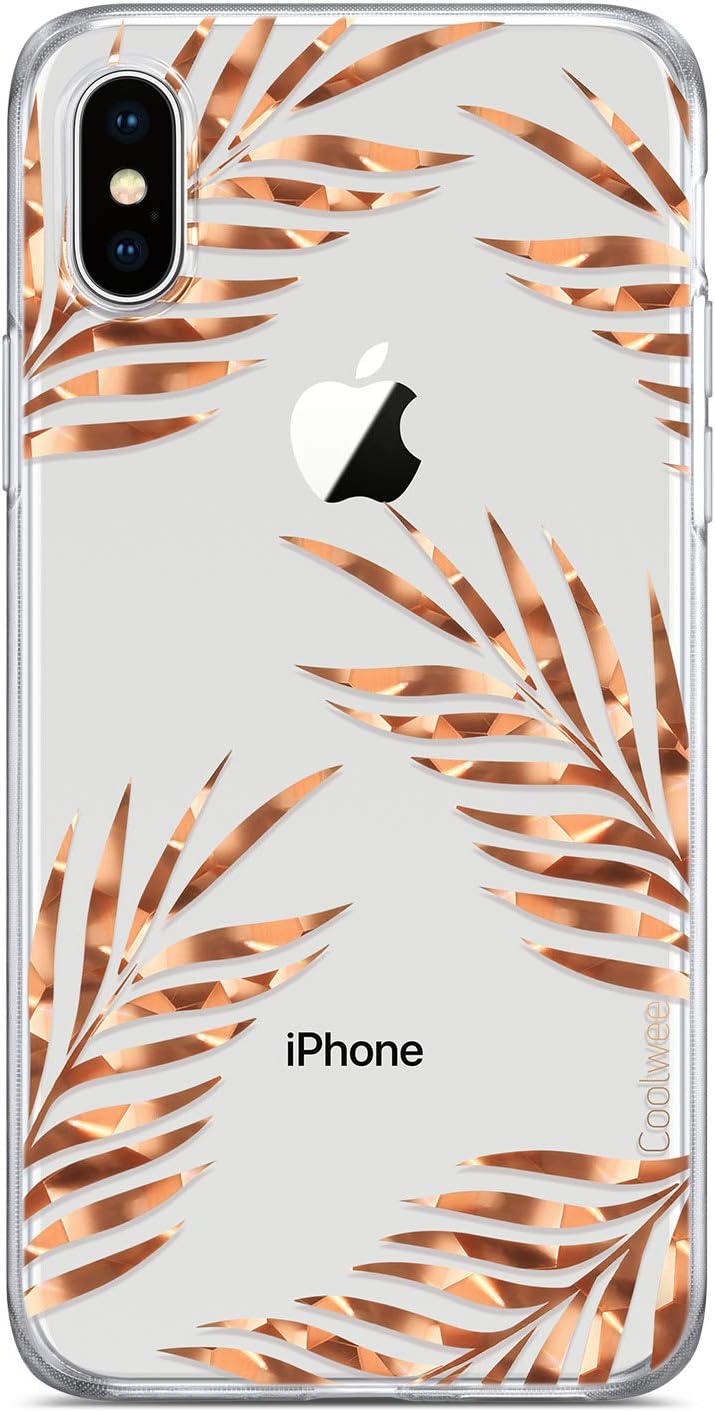 Coolwee Floral Case for iPhone X,iPhone Xs Rose Gold Clear Thin Shiny Glitter Women Girls Slim Cute Tropical Design Hard Plastic Back Soft TPU Bumper Protective Cover for Apple iPhone Xs 10S 5.8 inch