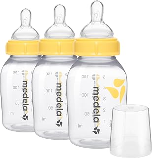 Medela Slow Flow 5oz Baby Feeding & Storage Bottles, 3-Pack with Nipples, Lids, Collars & Caps - BPA-Free, Dishwasher Safe