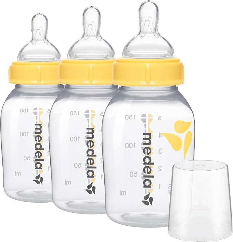 Medela Biberones de alimentación y almacenamiento de flujo lento, paquete de 3 biberones de 5 onzas con tetina, tapas, collares de base ancha y tapas de viaje, fabricados sin BPA