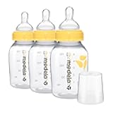 Medela Slow Flow Feeding & Storage Bottles, 3 Pack of 5 Ounce Bottle with Nipple, Lids, Wide Base Collars, and Travel Caps, Made Without BPA