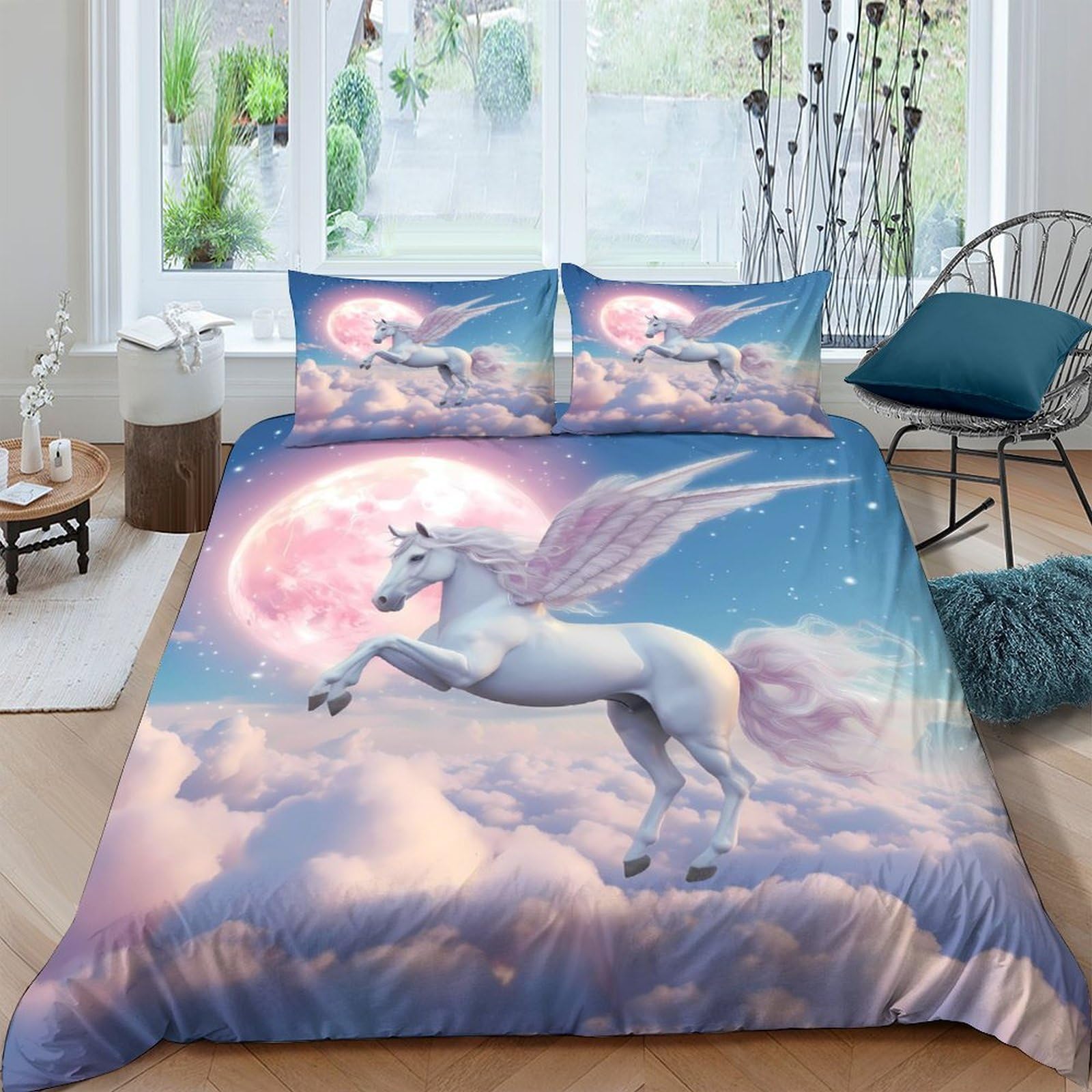Ctjqhvkz Style-10 3D Printed Fantasy Unicorn Fitted Sheet Microfiber Soft Breathable Moon Clouds Mattress Cover For Bedroom Decor Single（135X200cm）