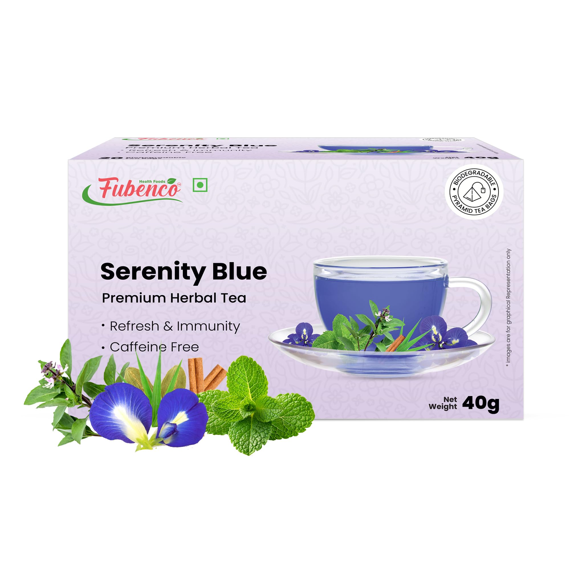 Fubenco Health foods Serenity Blue Herbal Tea Tisane| 100% Pure and Natural fowers| Anchan flower tea bags| Organic Butterfly Pea Flower Tea | Aparajitha tea bags| - 20 Tea Bags