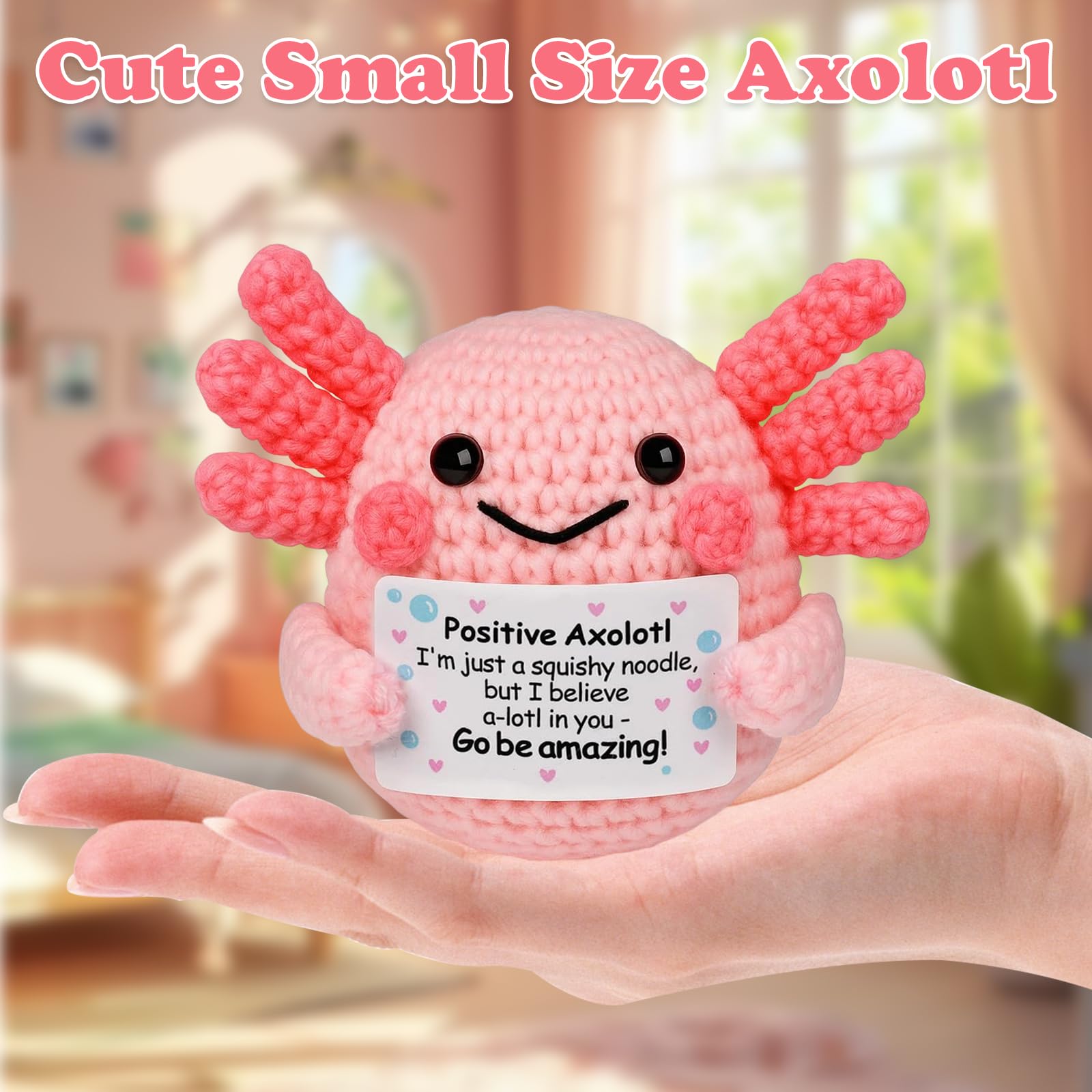 Positive Crochet Animals Axolotl, Handmade Crochet Emotional Support Plush, Cute Axolotl Squishmallow for Stress Relief, Positive Affirmation Gifts for Kids Women Lover Friends - Image 4