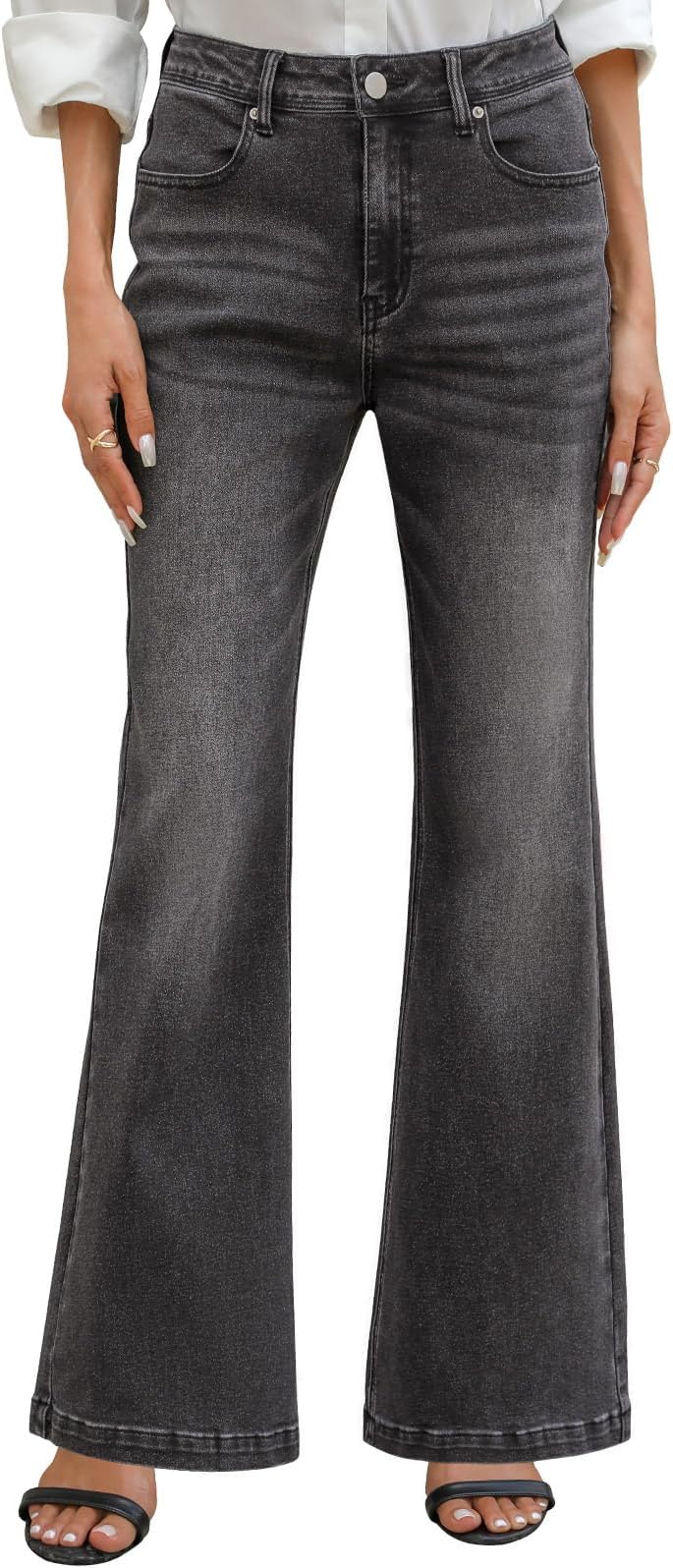 Womens Flared Jeans Stretchy High Waisted Wide Leg Jeans Casual Baggy Denim Pants