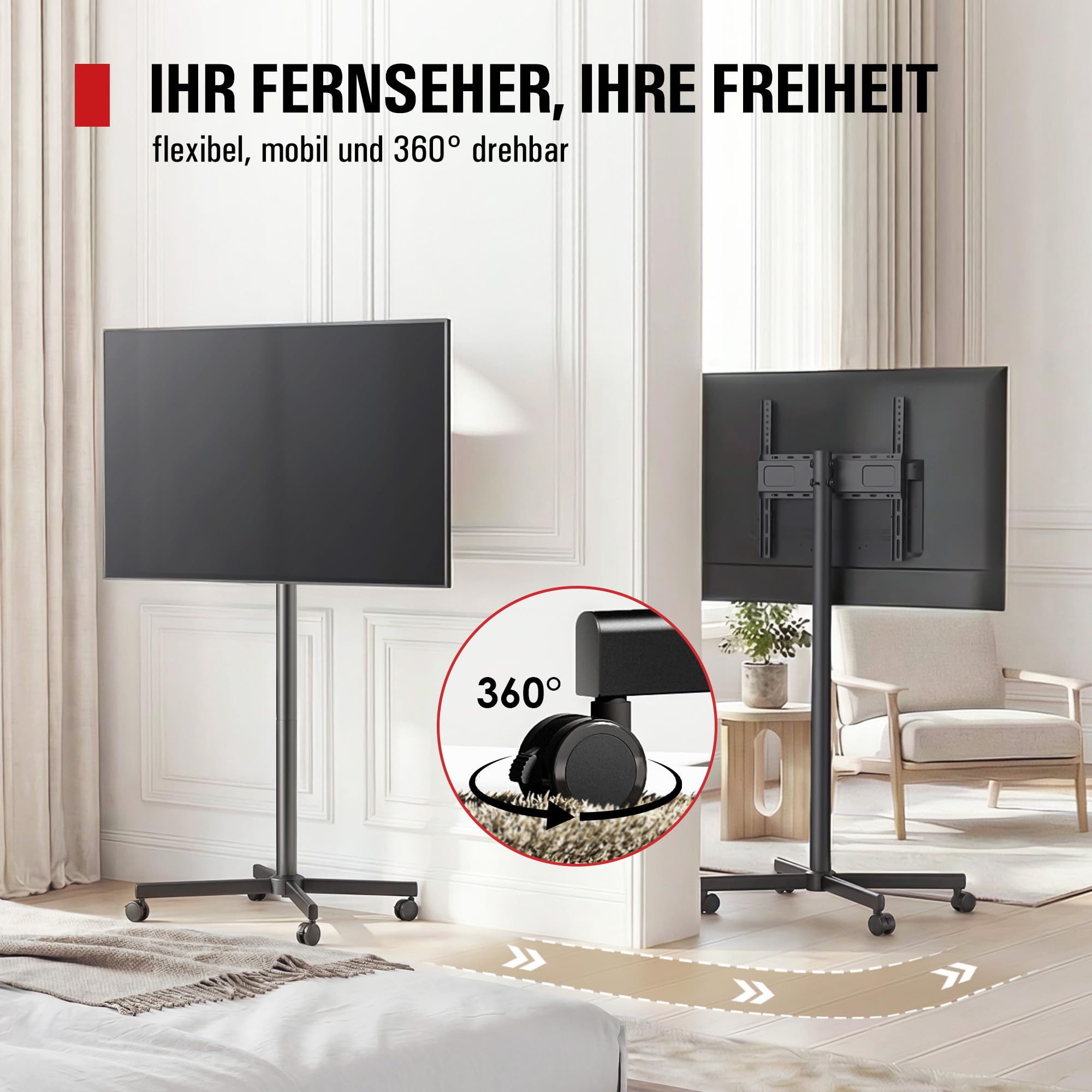 AOKCOS TV Ständer Rollbar für 32-65 Zoll Fernseher, Neigbar & Höhenverstellbar Fernsehständer mit Rollen, Schraubenloses Design TV Standfuss Standfuß Bodenständer Universal Max VESA 400x400mm 40kg