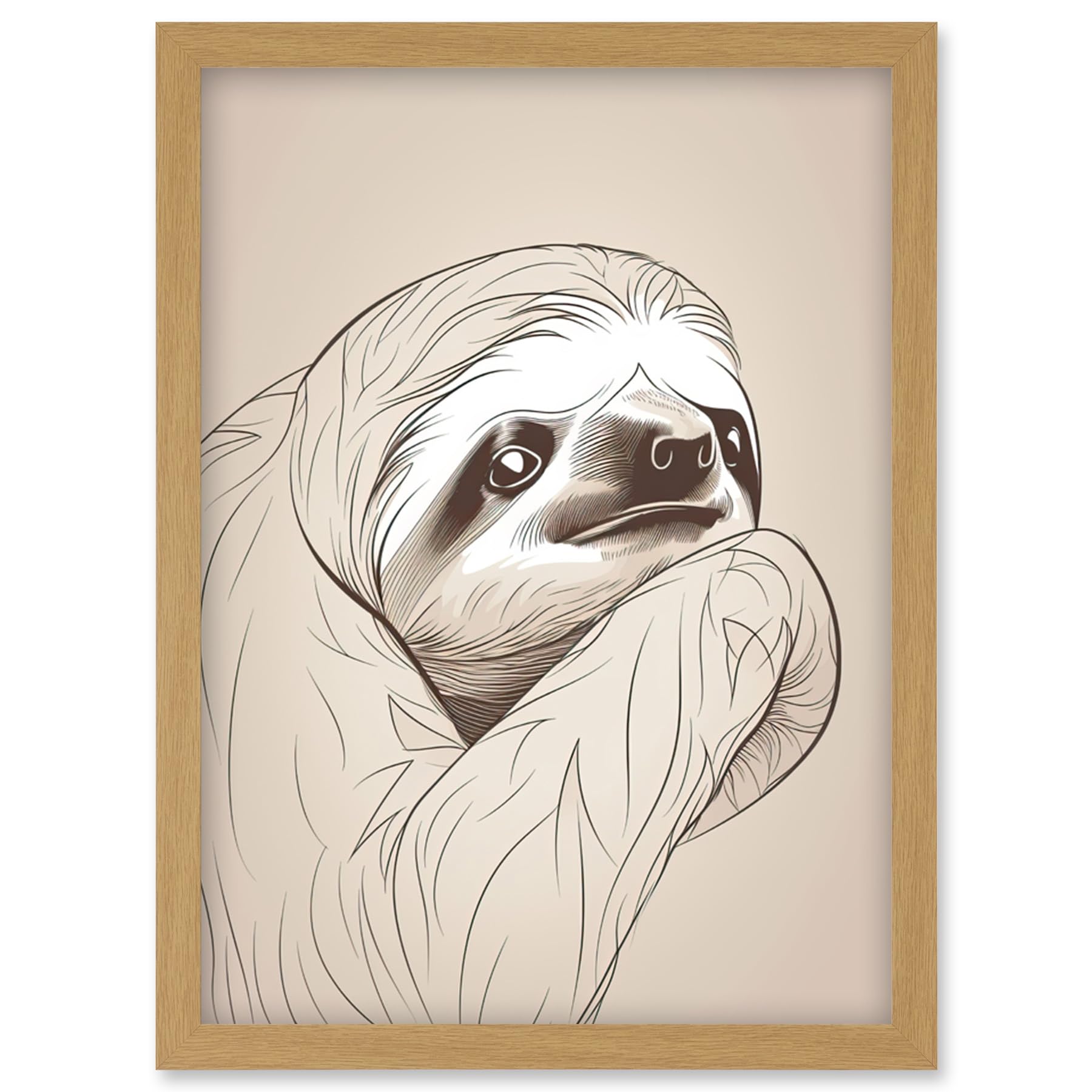 Artery8 Sloth Line Drawing Illustration with Highlights Artwork Framed Wall Art Print A4