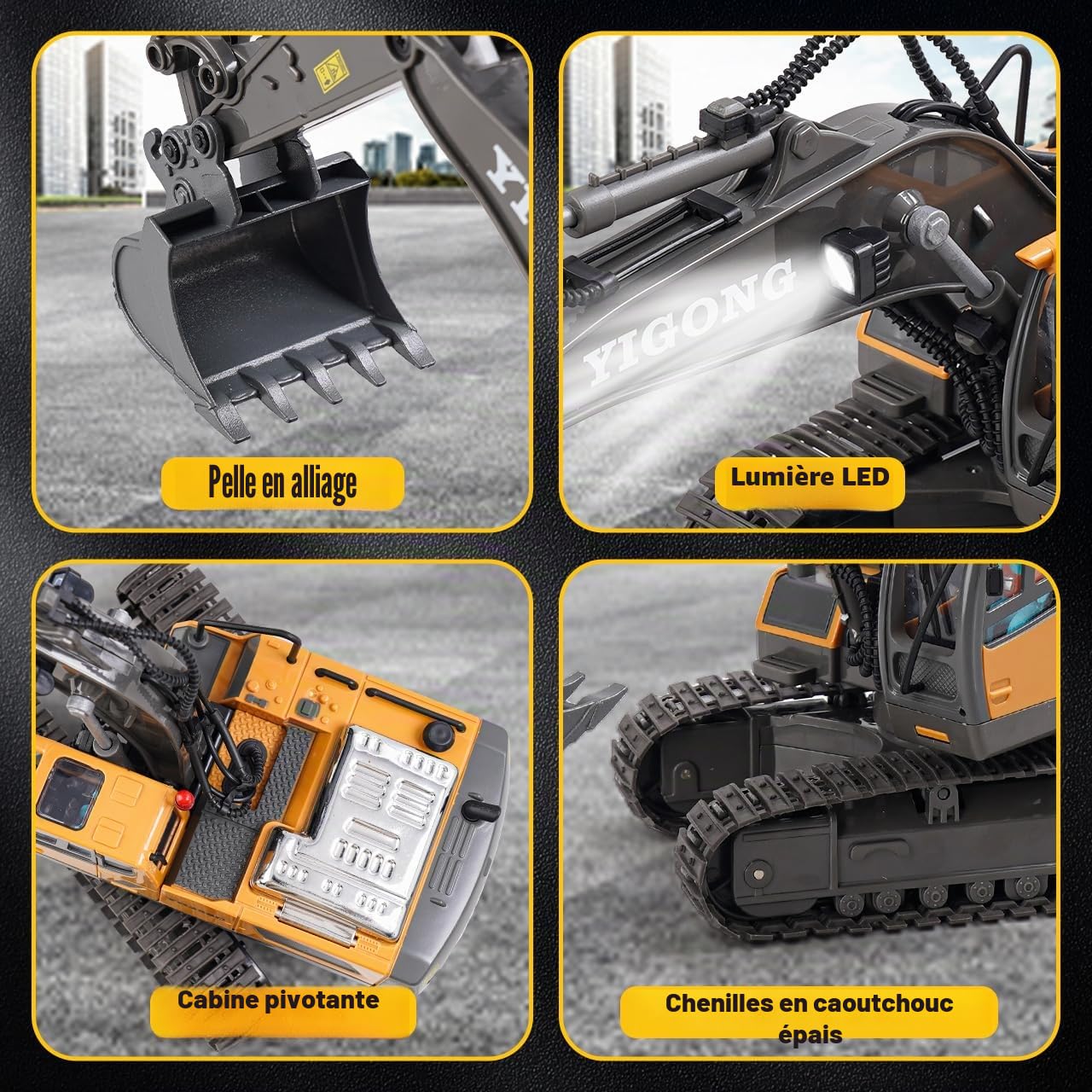 Excavatrice télécommandée à partir de 6 Ans, Jouet d'excavatrice RC Pelle en métal, Rotation à 680 °, lumière et Effets sonores, Jouet Digger Enfants 7 8 9 10 11 12 Ans
