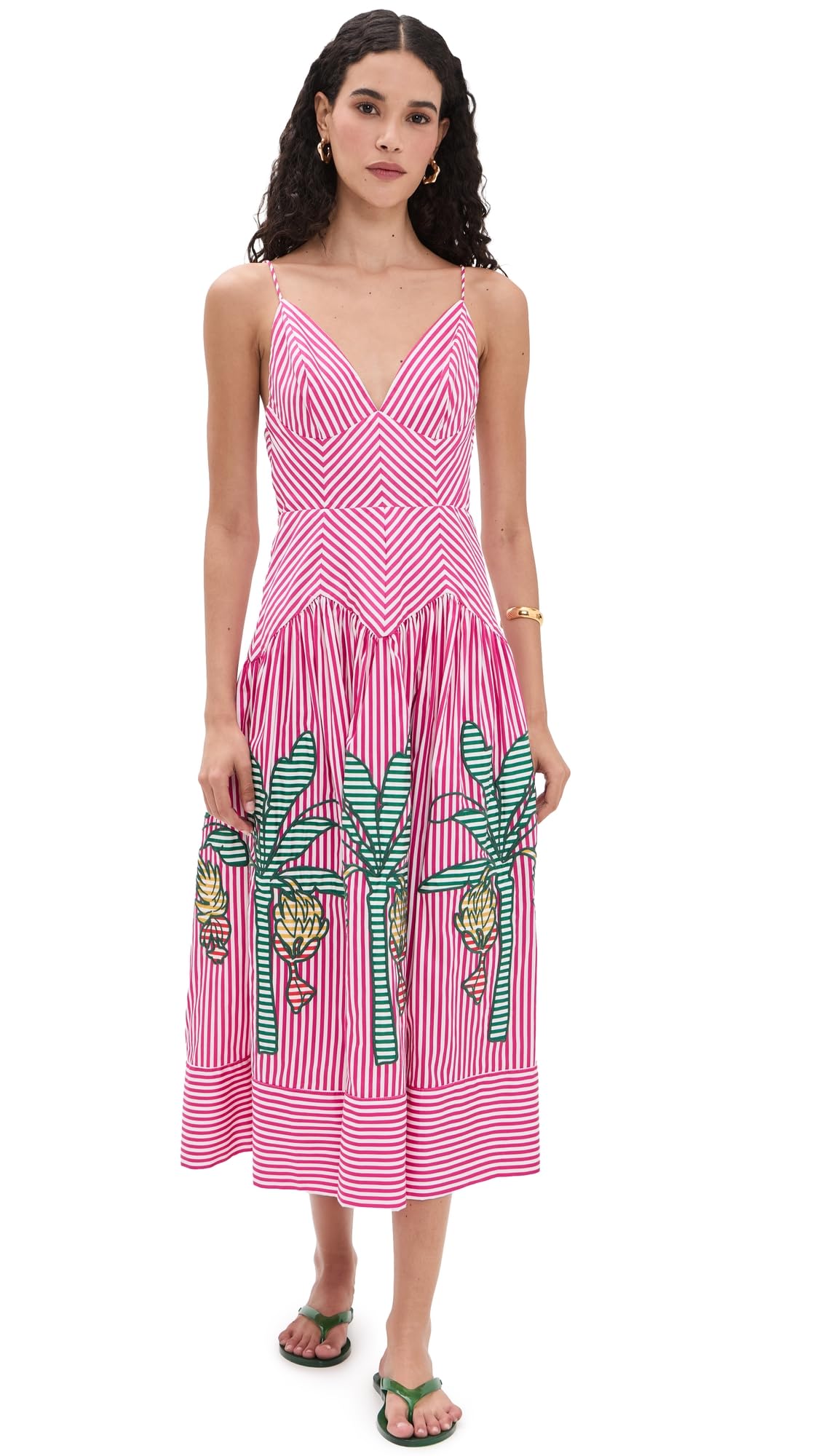Women's Palm Tree Cutwork Stripes Midi Dress