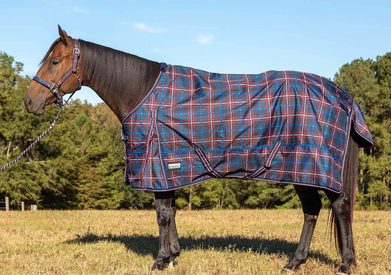Jeffers Poplar Head Origin 600 Denier Turnout Blanket, 240 Gram, Navy and Merlot Plaid, 87"