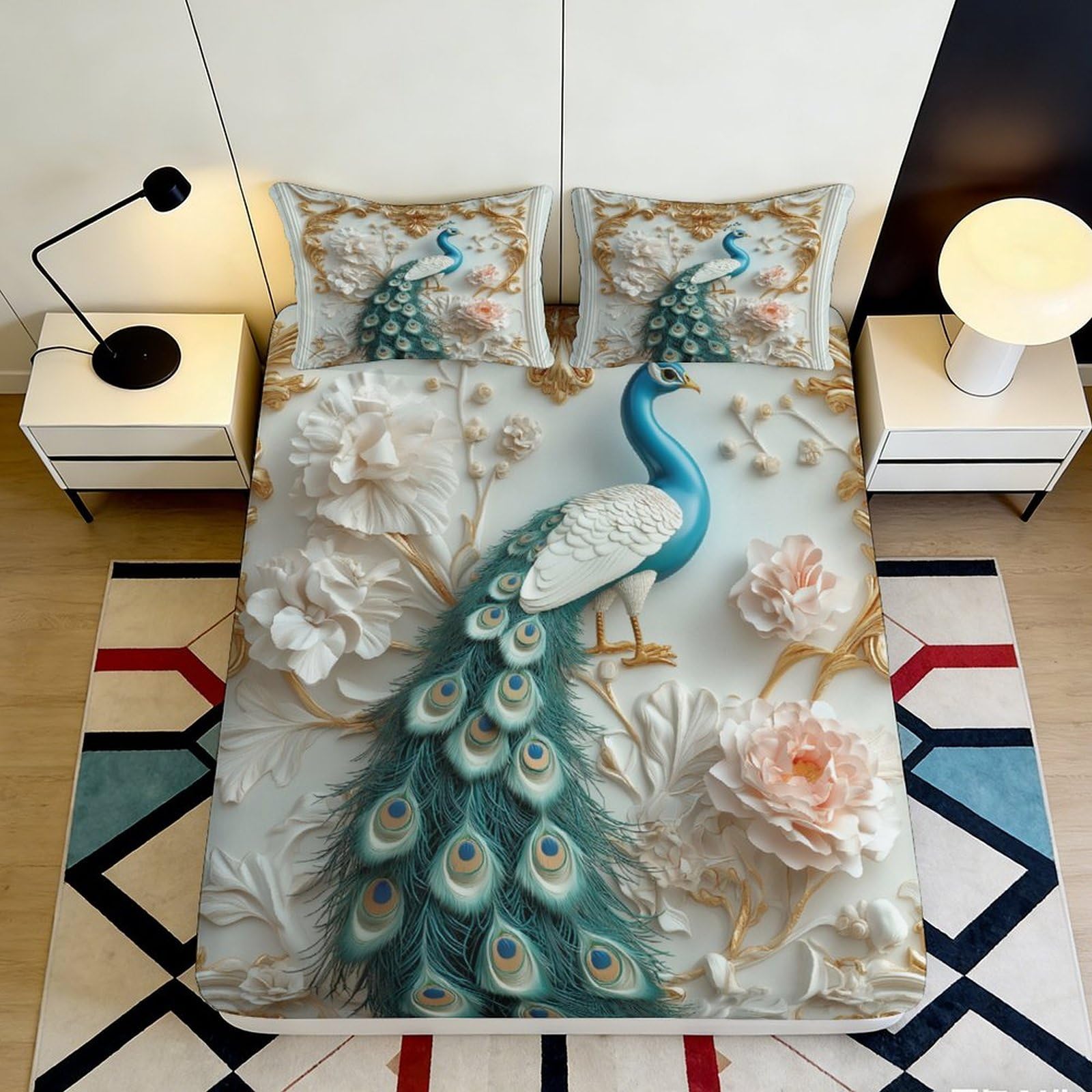 Pnayamiorkfel Style-6 3D Printed Peacock Blossom Fitted Sheet Microfiber Floral Mattress Cover Non-Slip Machine Washable For Bedroom Decor 90X200x25cm