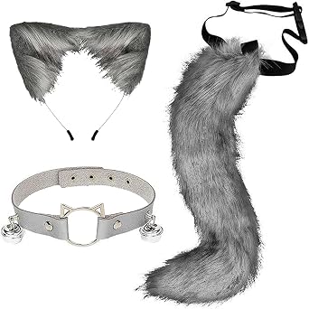 3 Pcs Cat Ears and Wolf Fox Animal Tail Cosplay Costume Grey, Costume Halloween Leather Neck Chocker Set, Animal Cosplay Party Costume