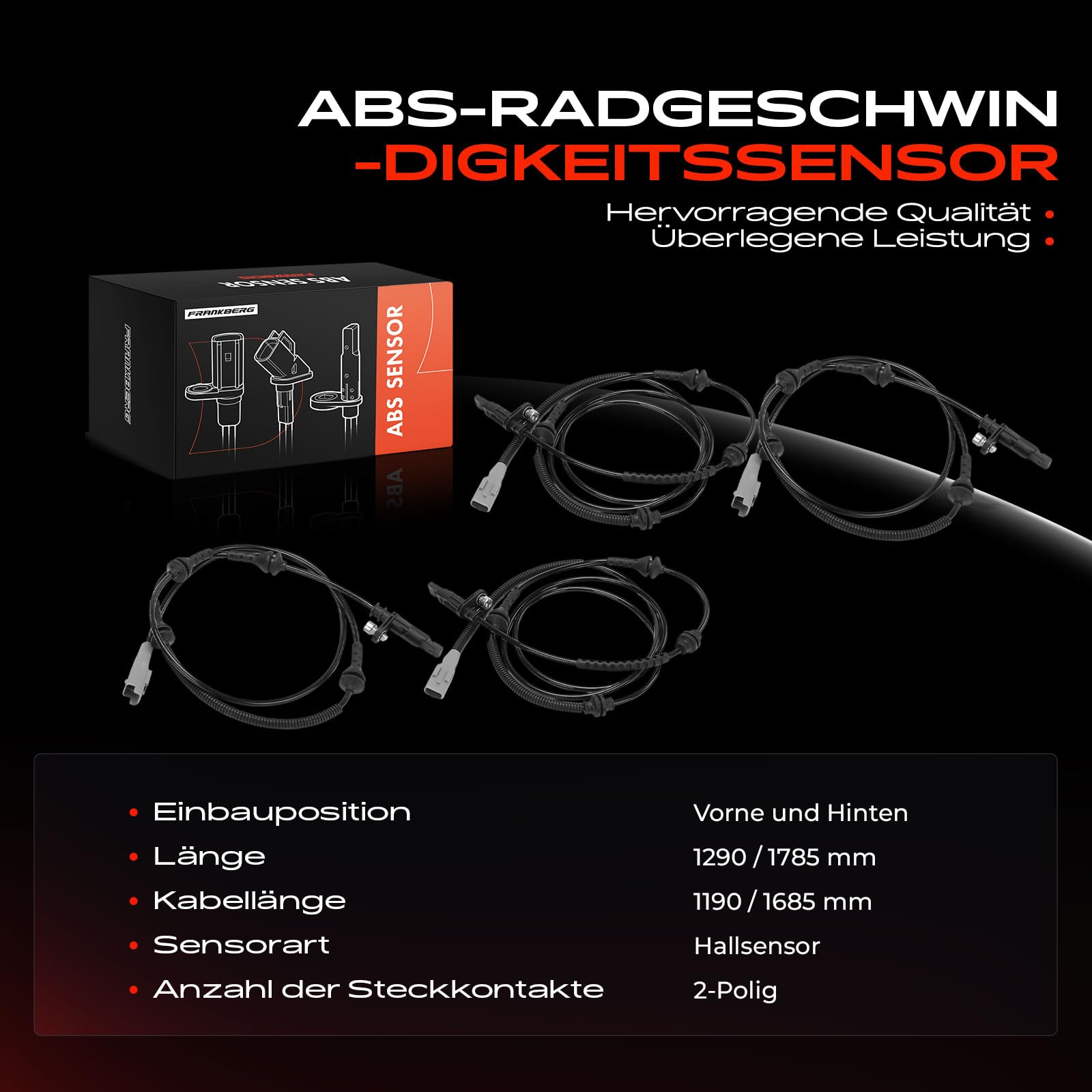 Frankberg 4 capteurs de vitesse ABS 2 broches 4545H5 | Compatible avec: 407 Coupé 6C, 508 SW I 8E, 508 SW Box/Combi 8E, C5 III RD, C6 TD, C5 III Break RW, 407 SW 6D 6E