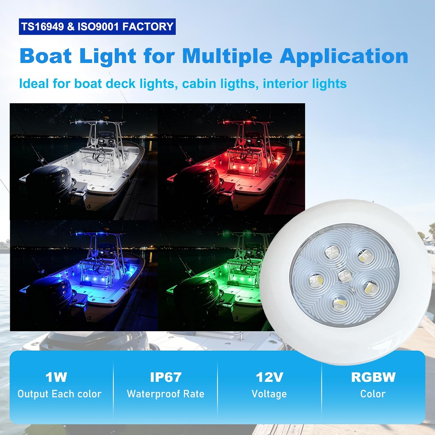 RGBW Marine Boat Courtesy Lights, 3'' 12V Ceiling Lights 2Pcs | White Bezel Interior Boat Lights, Waterproof Surface Mount Cabin lights Deck Lights for Fishing Boat Yacht Bass Pontoon