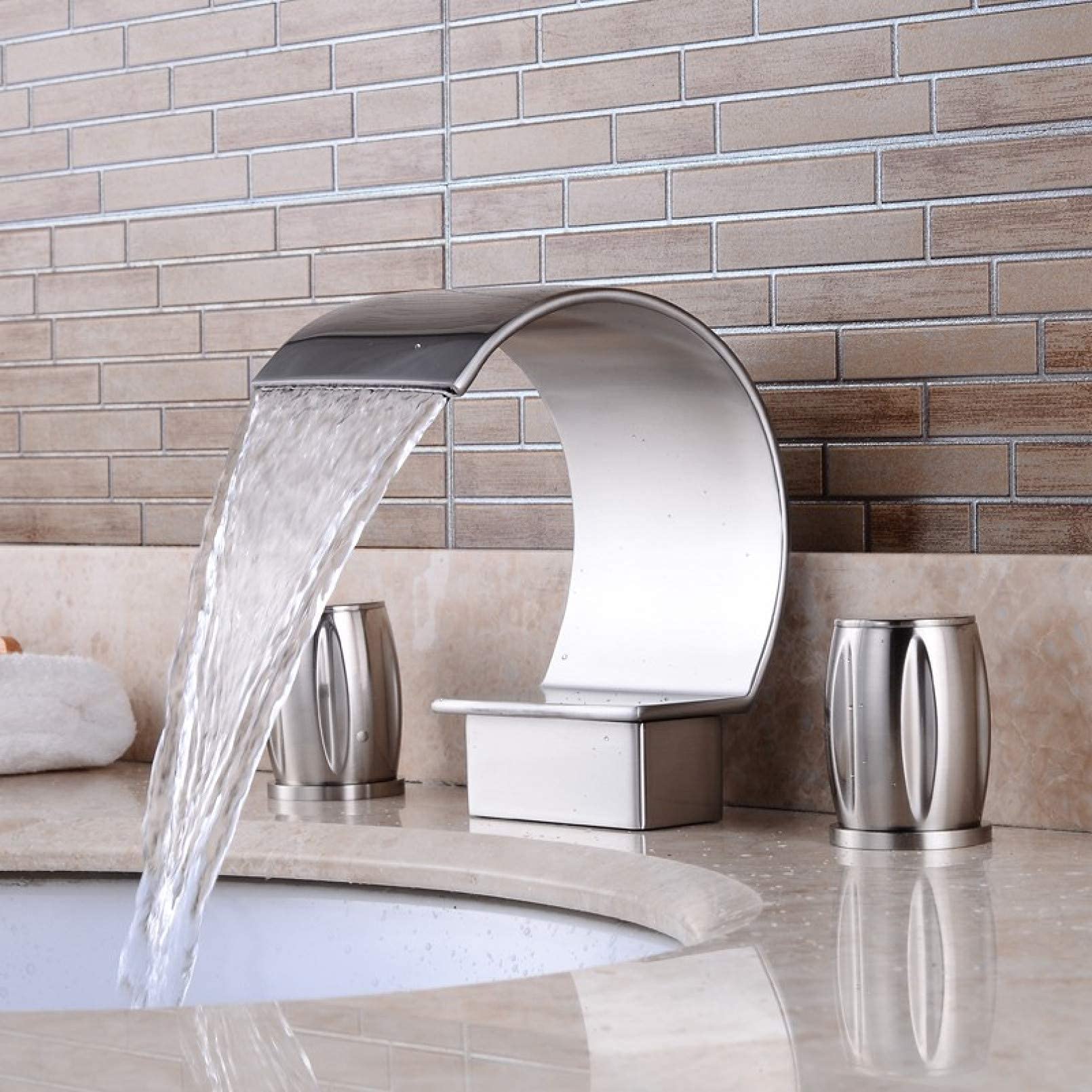 WIQUYBML Faucets Sink Tap,Bath Shower Chrome/Golden/Nickle/Orb Waterfall Faucet 3Pcs Bathroom Taps Dual Handle Basin Rotatable Mixer/Chrome Finished, Nickle Brushed