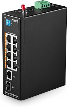 MokerLink 10 Port PoE Industrial Din Rail Switch, 8 Ports PoE+ 100Mbps IEEE802.3af/at, 1 Gigabit Ethernet and 1 SFP Uplink, Vlan & Extend Mode, DIN-Rail & Wall Mount