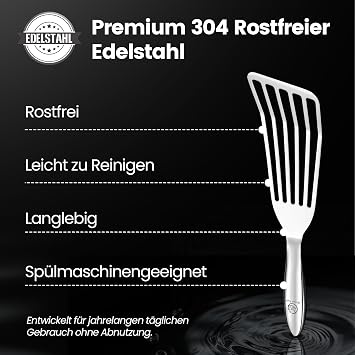 Gourmet Easy Stainless Steel Spatula Set Thin Edge for Turning Pancake turner with ergonomic handle fits comfortably in the hand rust-proof dishwasher safe 5 year replacement promise