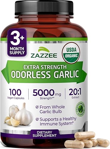 Zazzee USDA - Extracto orgánico sin olor 201 de ajo, 5000 mg de fuerza, 100 cápsulas veganas, suministro para más de 3 meses, extracto