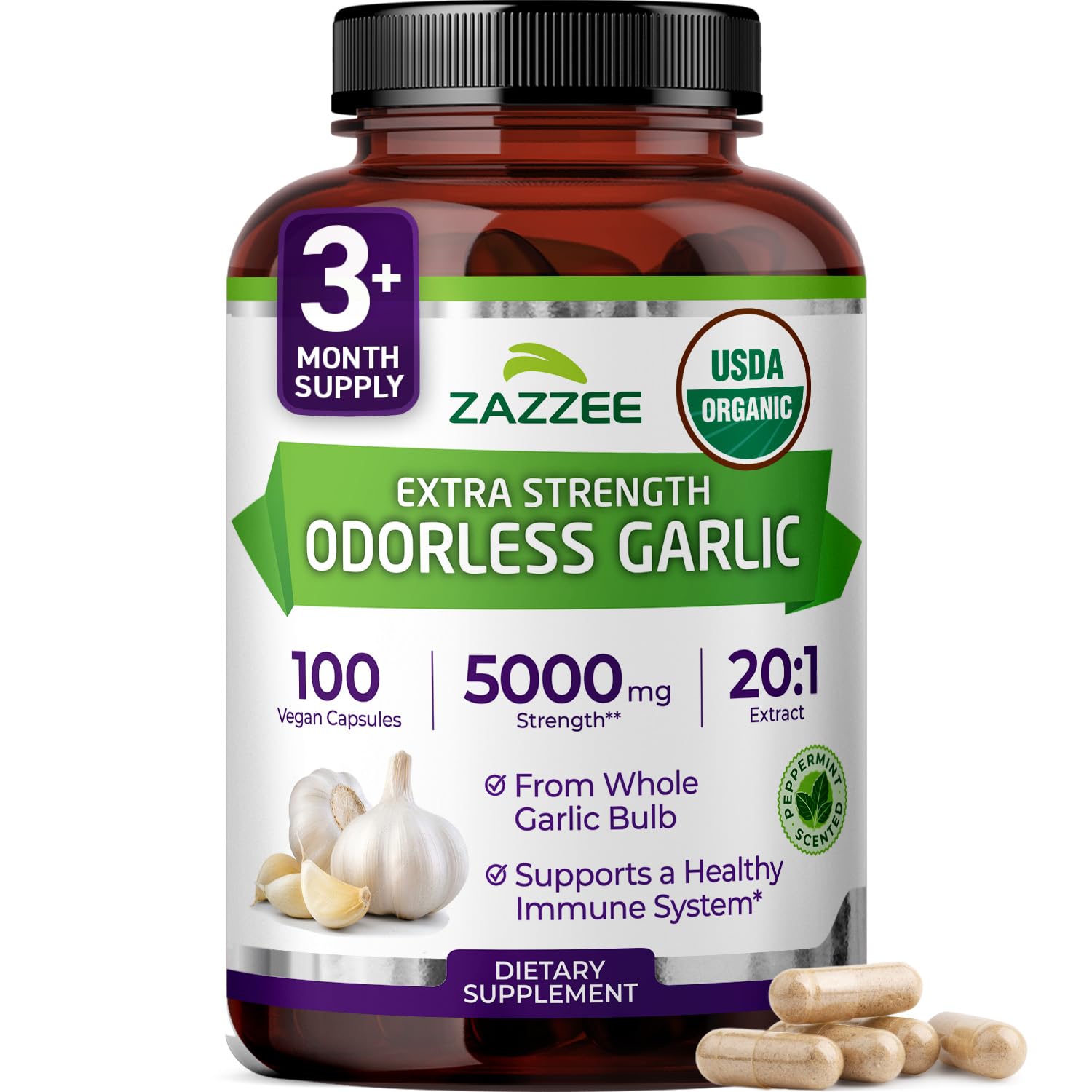 Zazzee USDA Organic Odorless Garlic 20 1 Extract 5000 mg Strength 100 Vegan Capsules 3 Month Supply Standardized