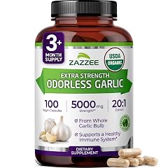 Zazzee USDA Organic Odorless Garlic 20 1 Extract 5000 mg Strength 100 Vegan Capsules 3 Month Supply Standardized