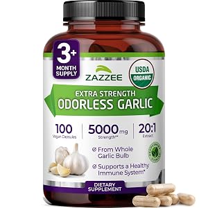 Zazzee USDA Organic Odorless Garlic 20 1 Extract 5000 mg Strength 100 Vegan Capsules 3 Month Supply Standardized