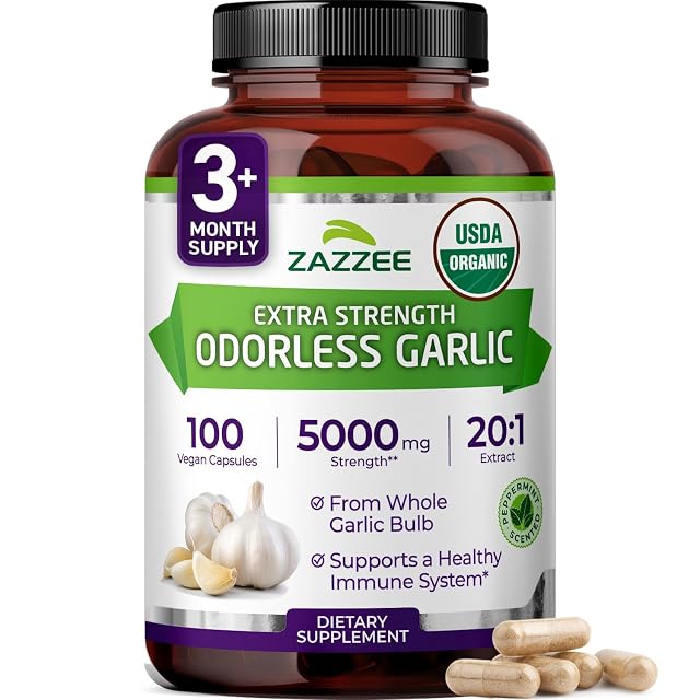 Zazzee USDA Organic Odorless Garlic 20 1 Extract 5000 mg Strength 100 Vegan Capsules 3 Month Supply Standardized