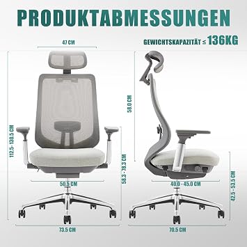 COLAMY XK Atlas Ergonomic Mesh Office Chair High Back Executive Chair Adjustable Headrest and 4D Arms Sliding Seat Tilt Lock Aluminum Base Light Gray