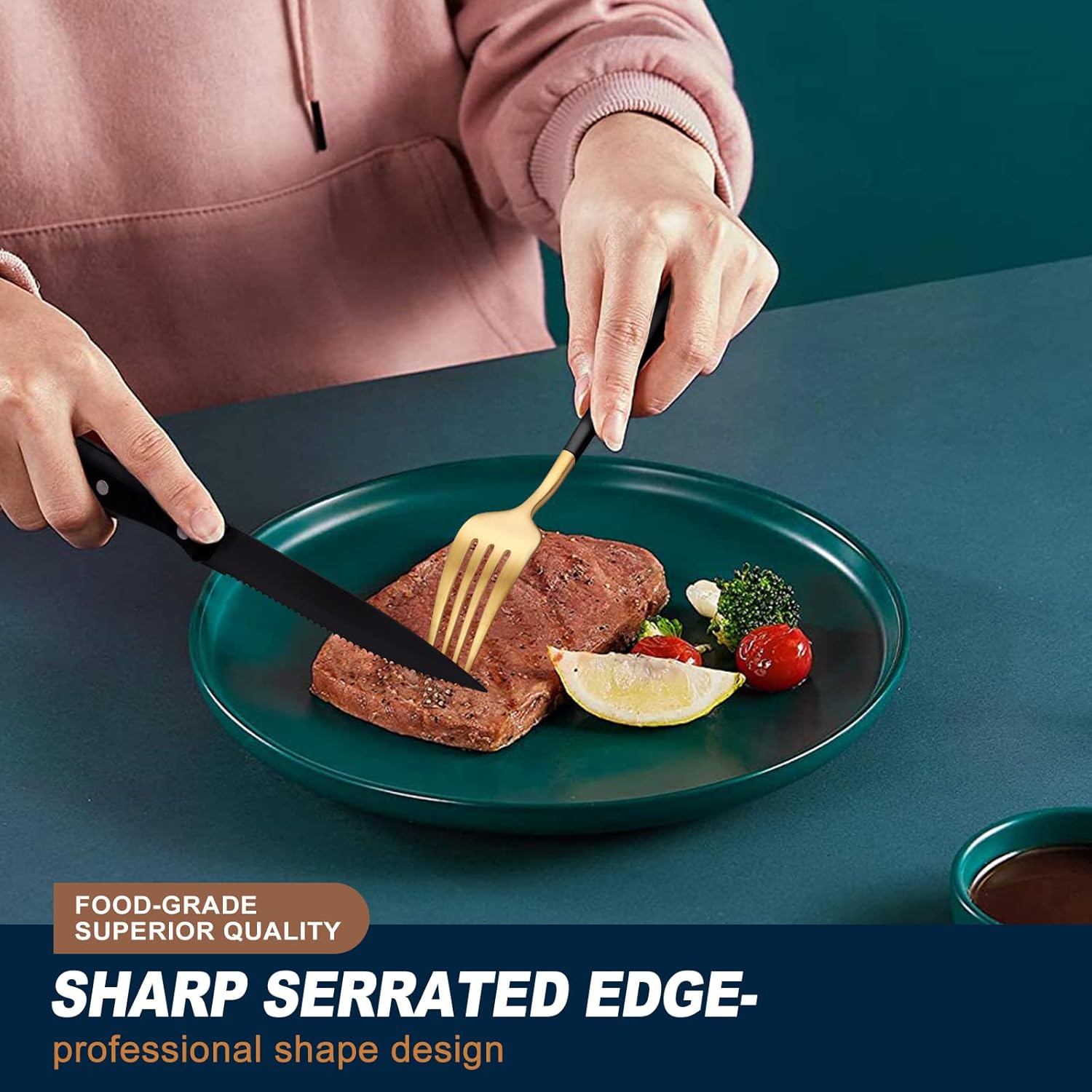 EUIRIO 24 Pieces Matte Black&Gold Silverware Set with Steak Knives, Stainless Steel Flatware Set for 4, Cutlery Utensil Sets, Spoons and Forks Set, Dishwasher Safe