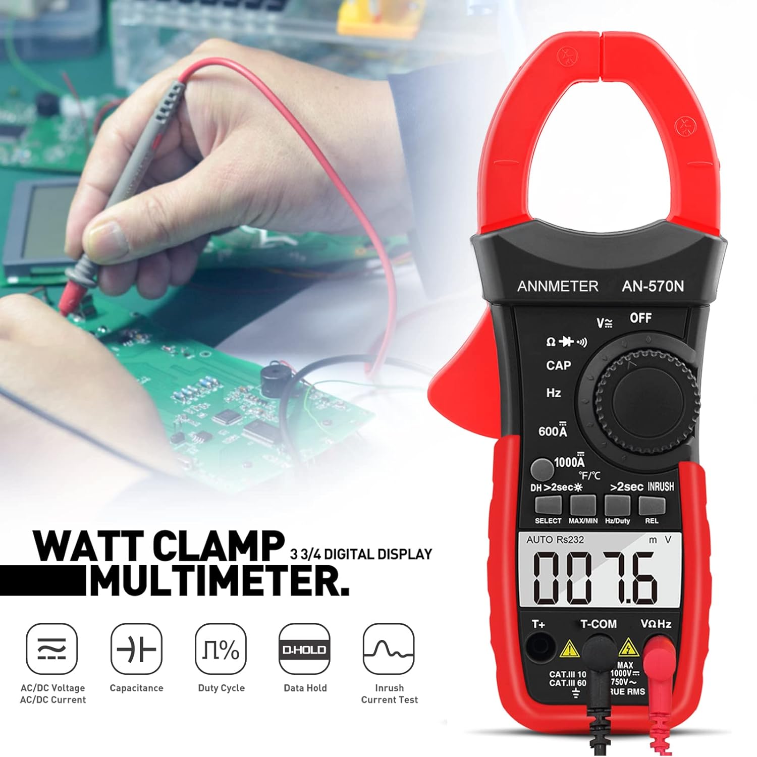 AIOMEST AI-570N Clamp Multimeter measuring current on a circuit board.