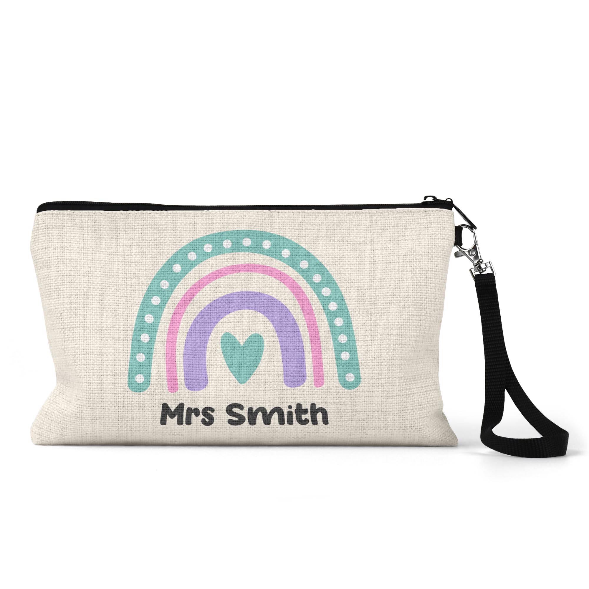 Chicken Craft Personalised Teacher Pencil Case - Pastel Rainbow Design with Heart - Custom Name Gift for Nursery, Infant or SEN Staff - End of Term Thank You Present - Linen-Style Stationery Pouch