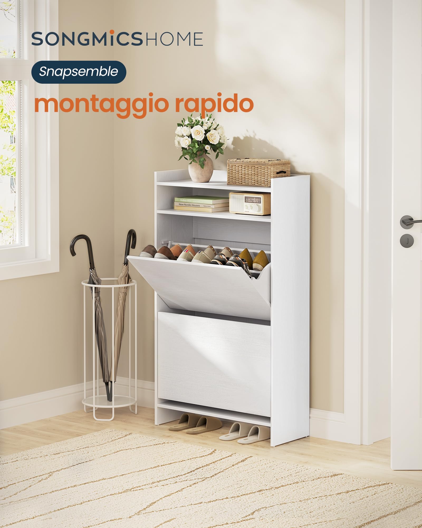 SONGMICS HOME Scarpiera con 2 Ante a Ribalta, Snapsemble Montaggio Rapido, Mobile Porta Scarpe Stretto, Divisori Regolabili, Moderna, Bianco Neve LBC228WE01