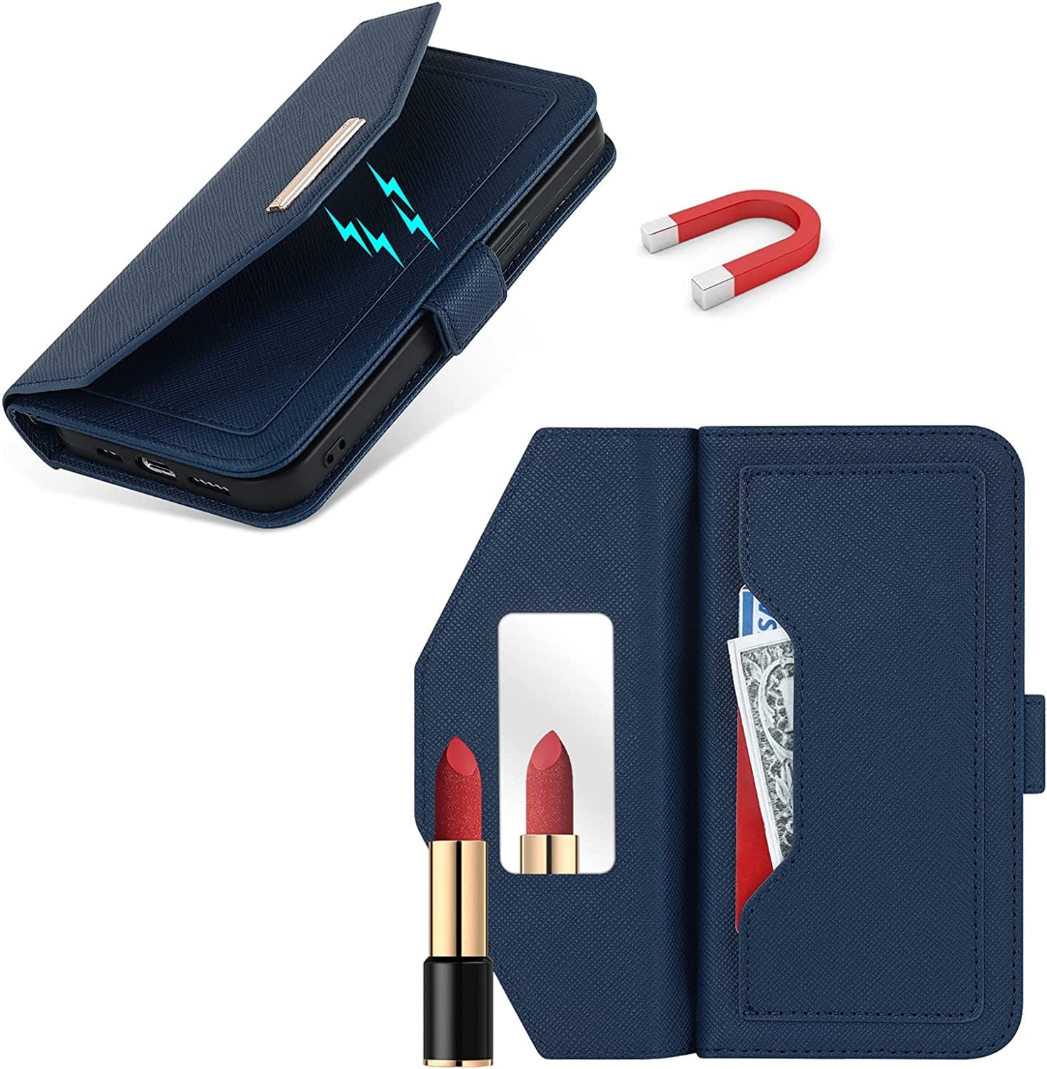 Étui à bandoulière pour iPhone 14 14 Plus 14 Pro 14 Pro Max, étui portefeuille en cuir de qualité supérieure avec porte-cartes [miroir de maquillage] Housse de téléphone à rabat magnétique