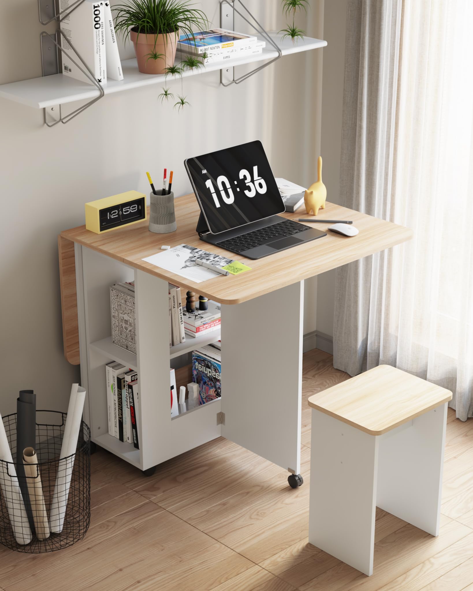 Mondeer Ensemble Table à Manger avec 4 Chaises, Ensemble Table à Manger Pliable avec Chaises pour Petits Espaces avec Etagères de Rangement, 120 x 80 x 80 cm, Chêne et Blanc