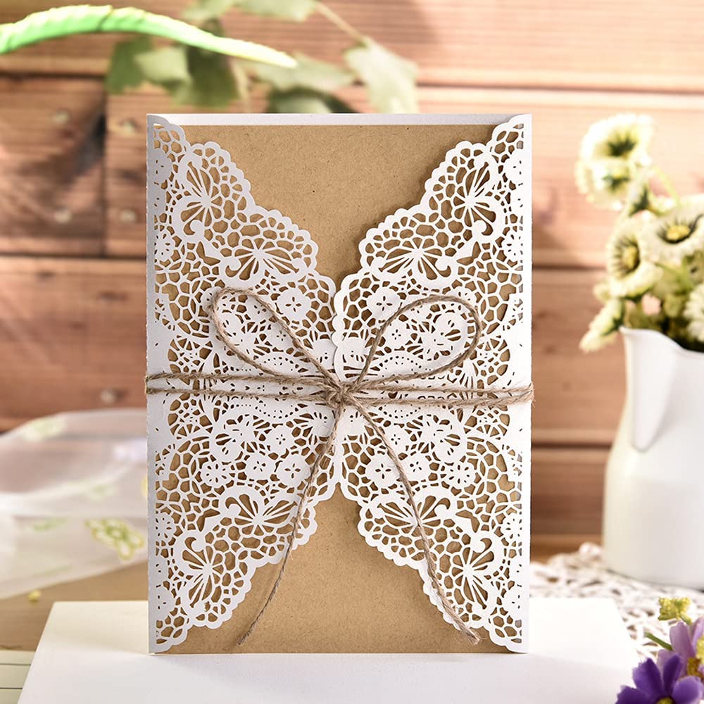 carti di Inviti per nozze 10 pezzi,biglietti per inviti per feste Biglietti d'auguri con pizzo tagliato a laser retrò Carta kraft Pagina interna per fidanzamento Matrimonio Compleanno Natale