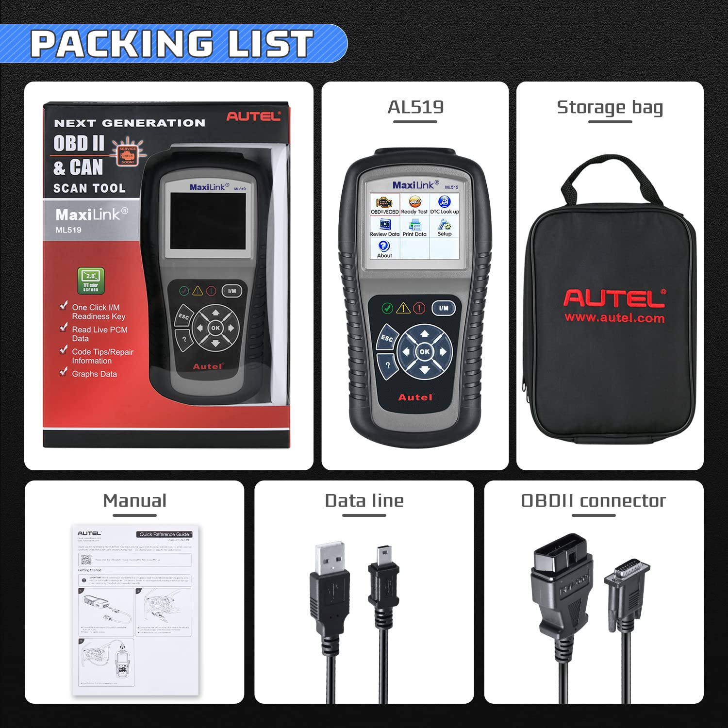 Autel MaxiLink ML519 OBD2 Diagnósticos Coche Lector de Códigos grey EOBD/Can Escáner Soporta los 10 Modos de OBDII con Modo Mejorado 6 - Versión Mejorada de Al319