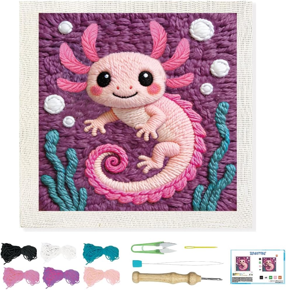 BEUNITONE Pink Axolotl Punch Needle Kit for Adults Beginners, Complete DIY Craft Needlepoint Kits with Hoop, Punch Needle Starter Craft Embroidery Set for Handmade Decor & Stitching Projects 9.4X9.4