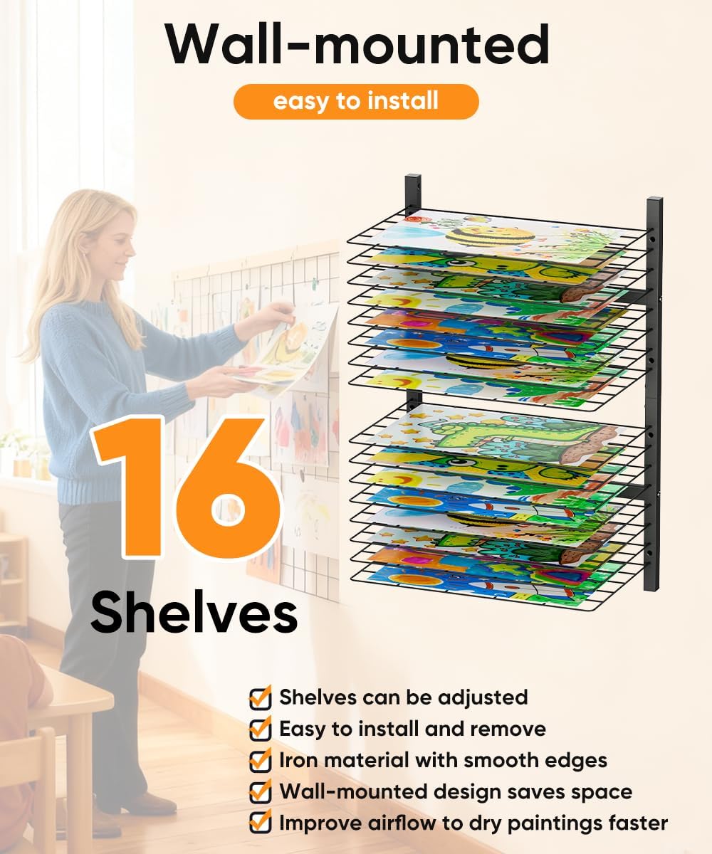 mocomax Wall Mount Art Drying Rack, 16 Removable Shelves Metal Paint Drying Rack, Space-Saving Artwork Paper Storage Holder Organizer for Classrooms, Art Studios, Schools, Galleries, Black