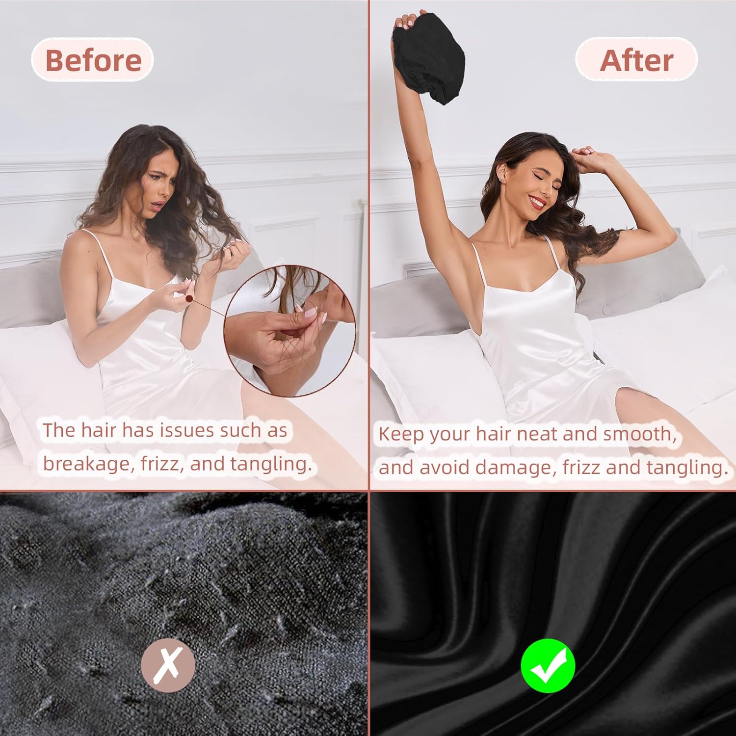 Adjustable Silk Satin Hair Bonnet for Sleeping Women, Double Layer, Silk Hair Wrap for Sleeping Women Men, Curly Natural Braid Straight Unisex - Black - Image 4