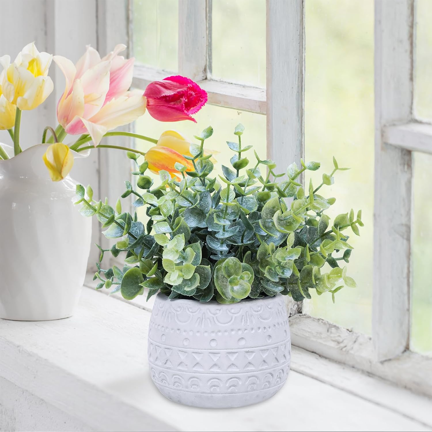 Winlyn Set of 2 Small Artificial Potted Plants Faux Eucalyptus Plant in White Geometric Ceramic Pots Small Desk Potted Plants 7.1" Tall for Home Office Room Decorations Wedding Greenery Centerpiece - Image 4