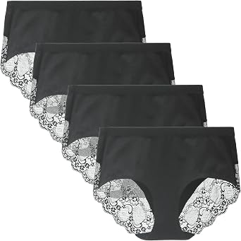 Womens 4 Pack Combed Cotton Breathable High Rise Lace Full Coverage Brief Panty Underwear