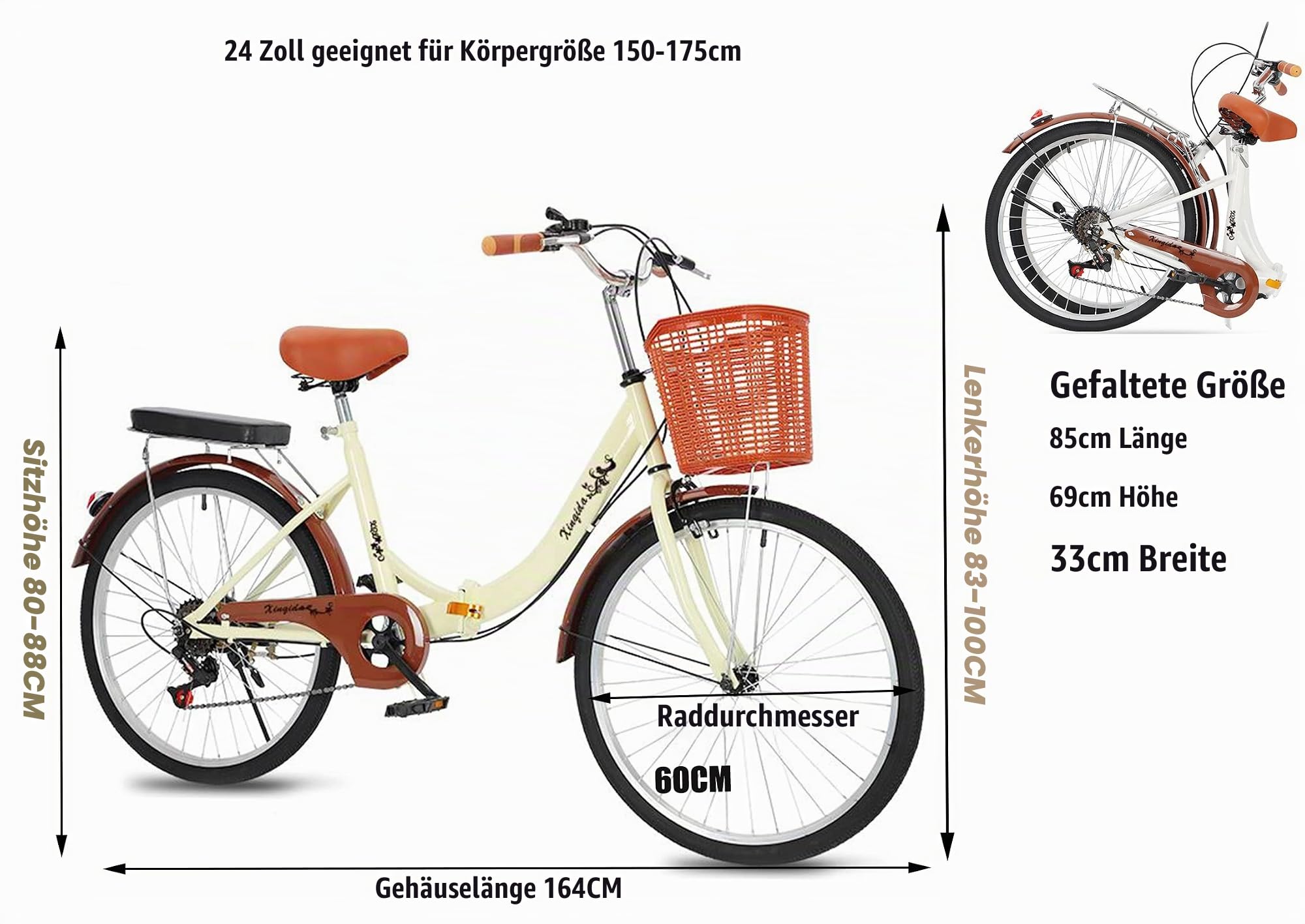 klapprad 24 zoll elektro XQIDa durable City Fahrrad Retro Vintage Citybike 6 Gang schaltwerk,Verstellbarer Sitz handhaben+ Rücklicht und Korb+GlockeGeeignet für Erwachsene und Jugendliche（Creme Farben） Sport & Freizeit Handyhalterung Fahrrad mit Powerbank IR Options:Standard + Maple Leaf Antenna Set 22cm + Battery Data Cable