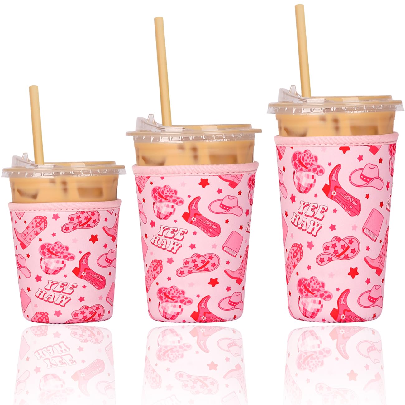 Reusable Insulated Neoprene Iced Coffee Cup Sleeve, Durable Drink Sleeve for Cold Beverages, Beverage Holder for Iced Coffee (Pink Cowgirl)