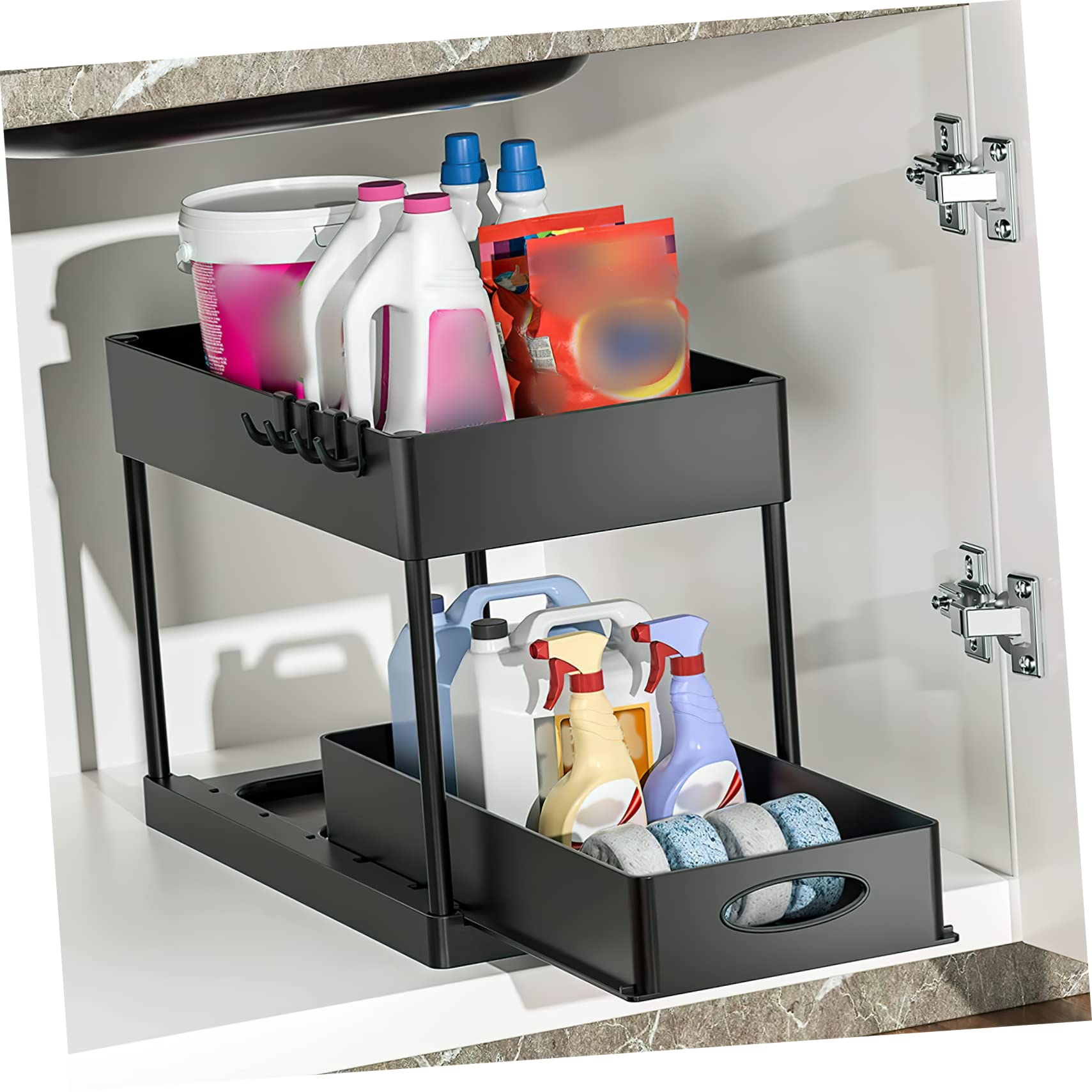 ULTECHNOVO Kitchen Sink Organizer Sliding Drawer Storage Rack 2-tier under Sink Shelf Black Space-saving Elegant Design