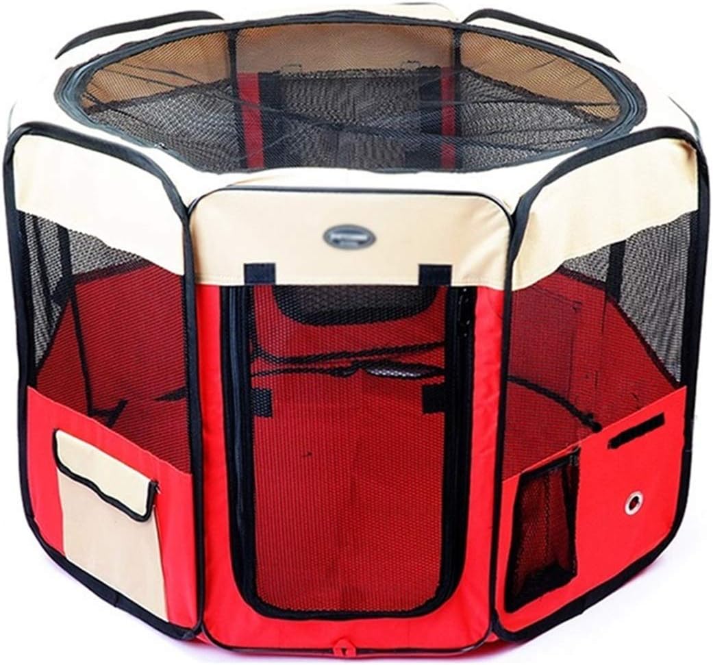 Dog cage Red Pet Portable Foldable Playpen Exercise Kennel Dogs Cats Indoor/Outdoor Removable Mesh Shade Cover Dog House (X)
